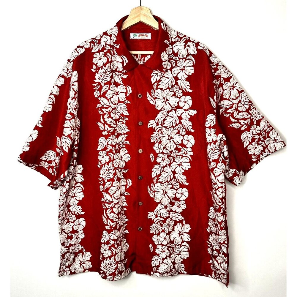 Aloha Joe Mens Hawaiian Shirt Tropical Vacation Hibiscus Floral Pocket Red 2XL